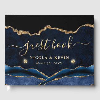 Elegant Blue and Gold Faux Glitter Agate Wedding Guest Book