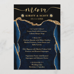 Elegant Blue and Gold Faux Glitter Agate Wedding Menu
