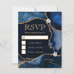 Elegant Blue and Gold Faux Glitter Marble Agate RSVP Card