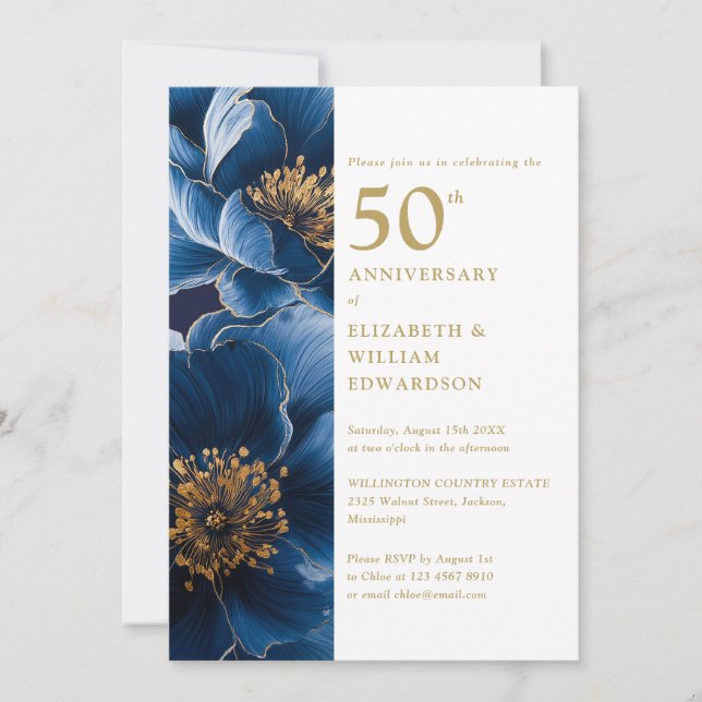 Elegant Blue And Gold Floral 50th Anniversary Invitation (Front)