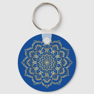 Elegant Blue and Gold Floral Mandala Pattern Key Ring