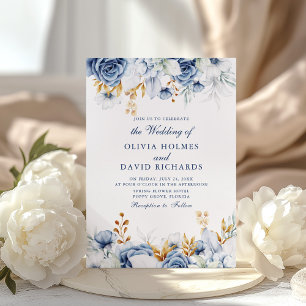 Elegant Blue and Gold Floral Wedding Invitation