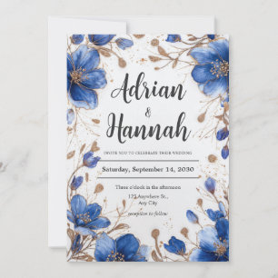 Elegant Blue and Gold Floral Wedding Invitation