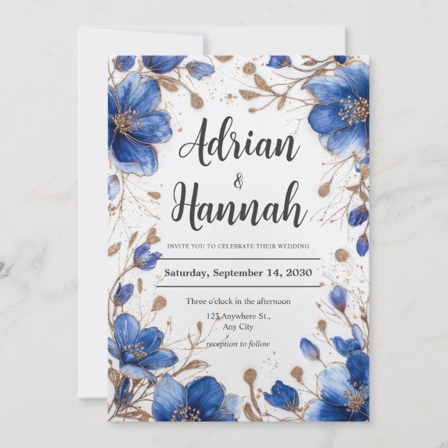 Elegant Blue and Gold Floral Wedding Invitation (Front)