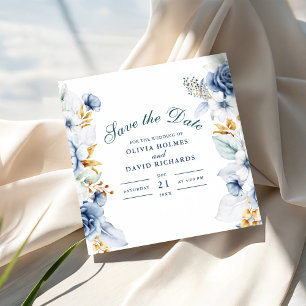 Elegant Blue and Gold Floral Wedding  Save The Date