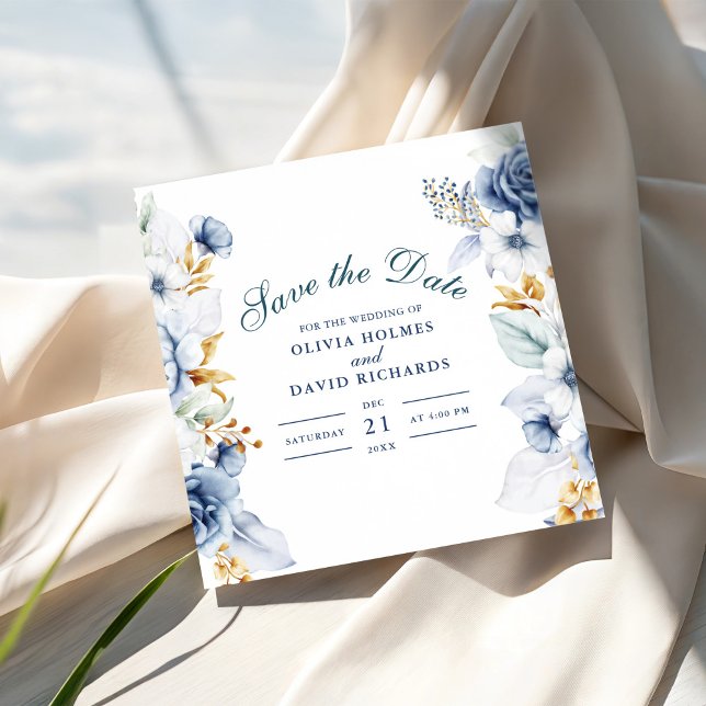 Elegant Blue and Gold Floral Wedding  Save The Date (Elegant Blue and Gold Floral Wedding Save The Date on an elegant wedding table)
