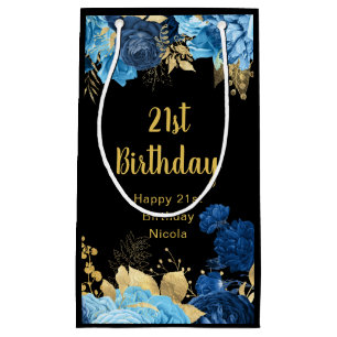 Elegant Blue and Gold Flowers Birthday Party Small Gift Bag