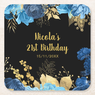 Elegant Blue and Gold Flowers Birthday Party  Square Paper Coaster
