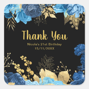 Elegant Blue and Gold Flowers Birthday Party  Square Sticker