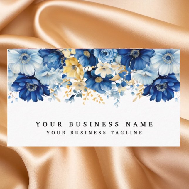Elegant Blue and Gold Flowers Business Cards (Creator Uploaded)
