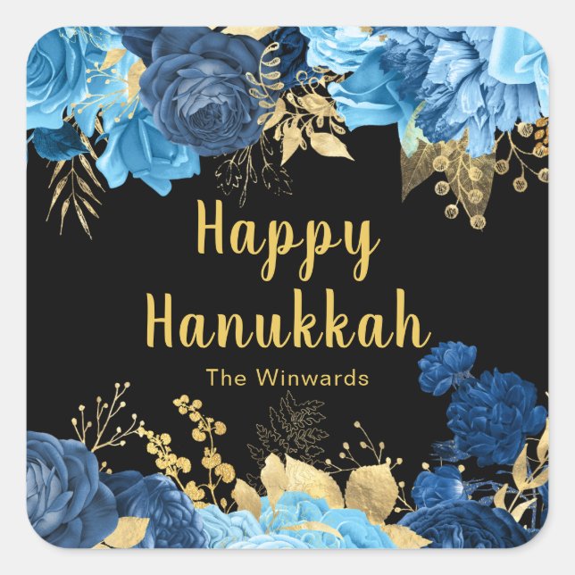 Elegant Blue and Gold Flowers Hanukkah Party Square Sticker (Front)