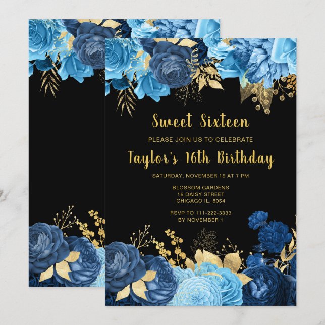 Elegant Blue and Gold Flowers Sweet Sixteen Invitation (Front/Back)