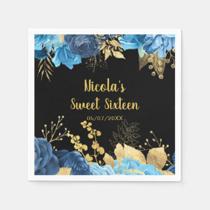 Elegant Blue and Gold Flowers Sweet Sixteen Napkin
