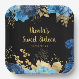 Elegant Blue and Gold Flowers Sweet Sixteen Paper Plate