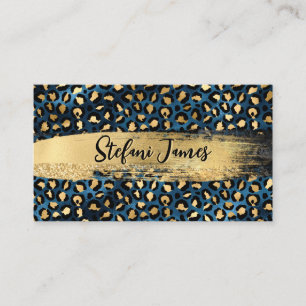 Elegant Blue and Gold Foil Leopard Brush Stroke Business Card