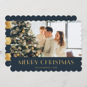 Elegant Blue and Gold Foil Photo Christmas Card
