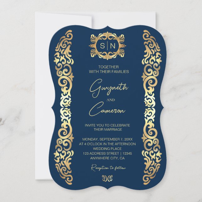 Elegant Blue and gold Frame Wedding Invitation (Front)