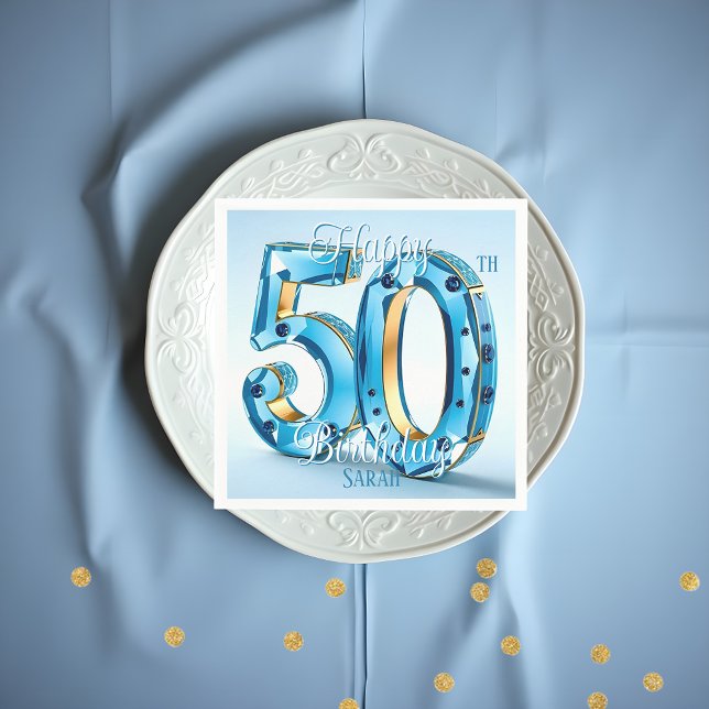Elegant Blue and Gold Gemstone 50th Birthday Napkin (Creator Uploaded)