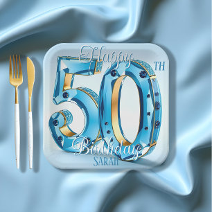 Elegant Blue and Gold Gemstone 50th Birthday Paper Plate