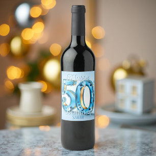 Elegant Blue and Gold Gemstone 50th Birthday Wine Label