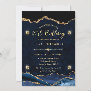 Elegant Blue and Gold Glitter Agate 21st Birthday Invitation