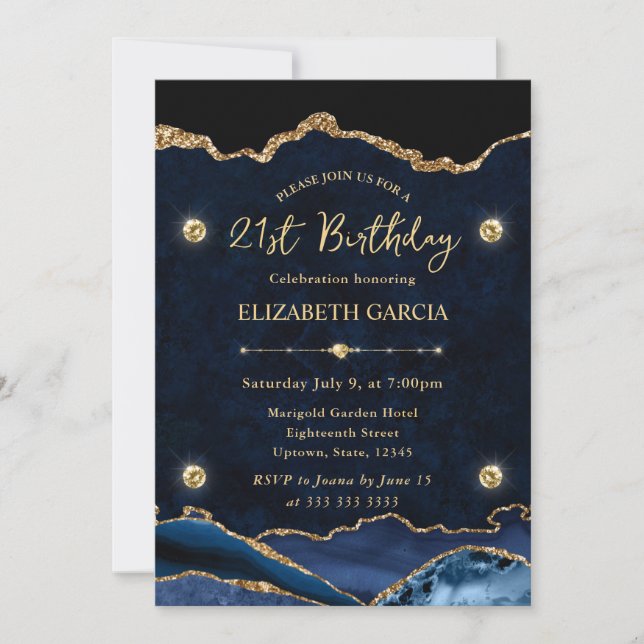 Elegant Blue and Gold Glitter Agate 21st Birthday Invitation (Front)