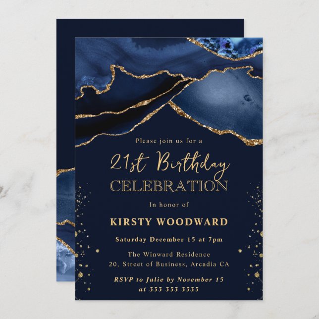 Elegant Blue and Gold Glitter Agate 21st Birthday Invitation (Front/Back)