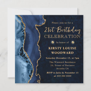 Elegant Blue and Gold Glitter Agate 21st Birthday Invitation