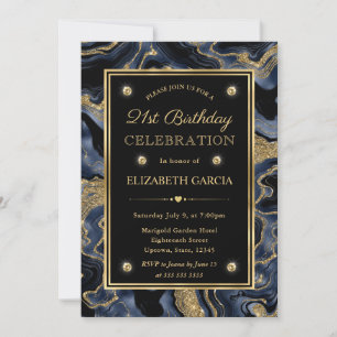 Elegant Blue and Gold Glitter Agate 21st Birthday Invitation