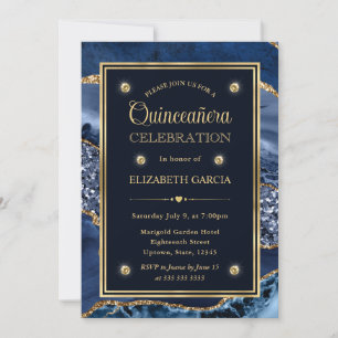 Elegant Blue and Gold Glitter Agate Quinceanera Invitation