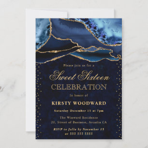 Elegant Blue and Gold Glitter Agate Sweet 16 Invitation
