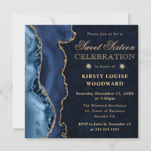 Elegant Blue and Gold Glitter Agate Sweet 16 Invitation