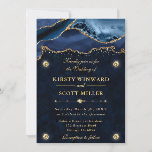 Elegant Blue and Gold Glitter Agate Wedding Invitation