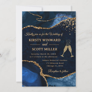 Elegant Blue and Gold Glitter Agate Wedding Invitation