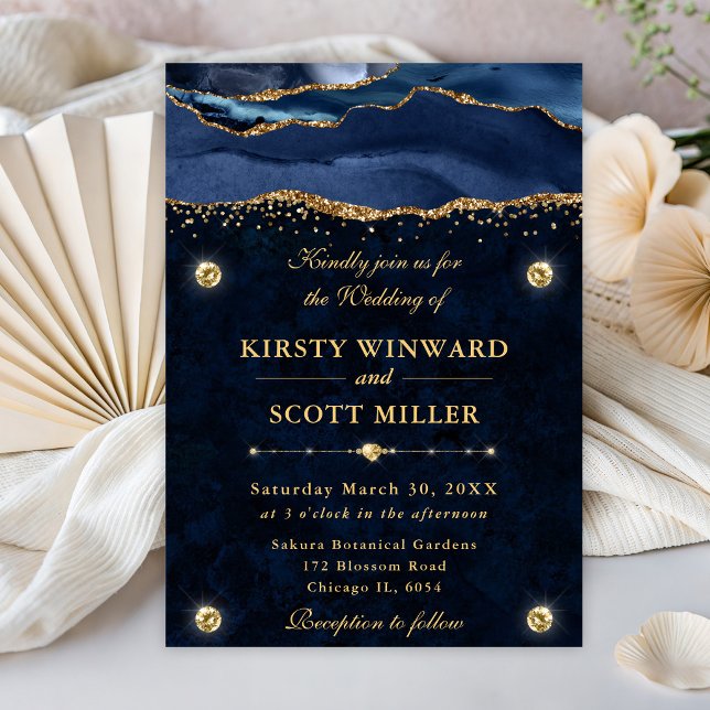Elegant Blue and Gold Glitter Agate Wedding Invitation (Creator Uploaded)