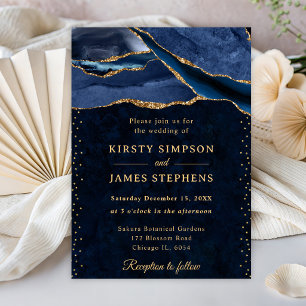 Elegant Blue and Gold Glitter Agate Wedding Invitation
