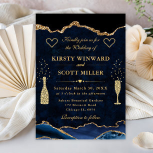 Elegant Blue and Gold Glitter Agate Wedding Invitation