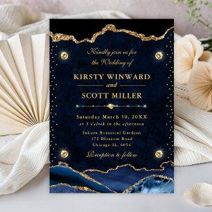 Elegant Blue and Gold Glitter Agate Wedding Invitation