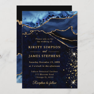 Elegant Blue and Gold Glitter Agate Wedding Invitation