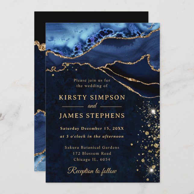 Elegant Blue and Gold Glitter Agate Wedding Invitation (Front/Back)
