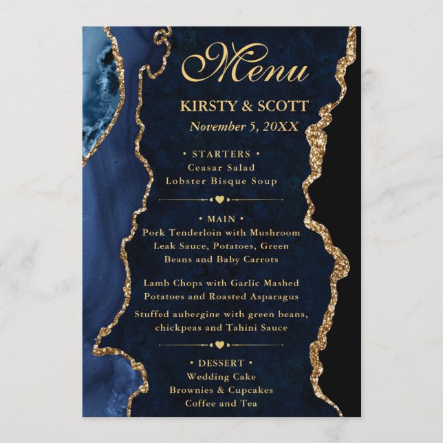 Elegant Blue and Gold Glitter Agate Wedding Menu (Front)