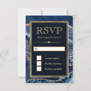 Elegant Blue and Gold Glitter Agate Wedding RSVP Card