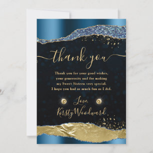 Elegant Blue and Gold Glitter Glam Tears Sweet 16 Thank You Card