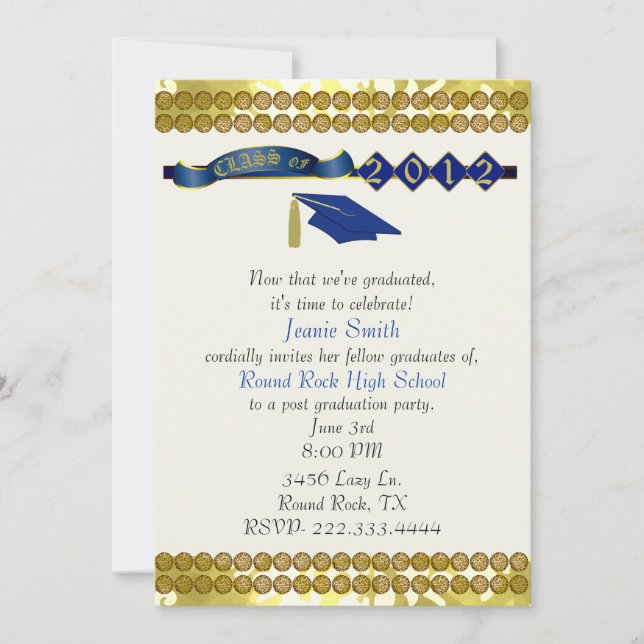 Elegant Blue and Gold Graduation Party Invitation (Front)