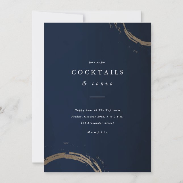 Elegant Blue and Gold Happy Hour Invitation (Front)