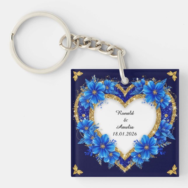 Elegant Blue and Gold Heart Frame Key Ring (Front)