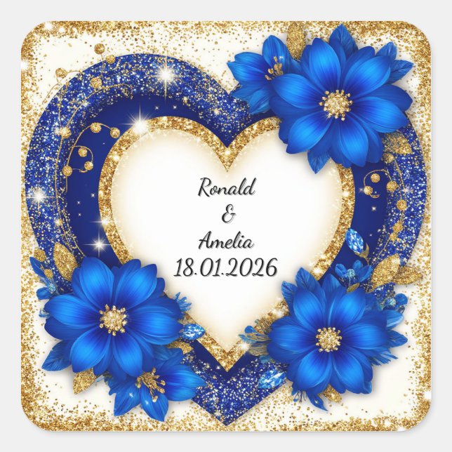 Elegant Blue and Gold Heart Frame Square Sticker (Front)