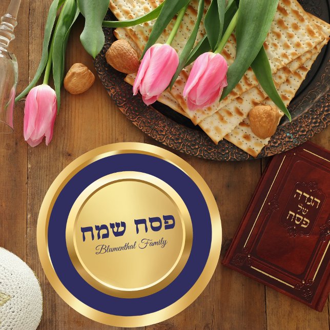 Elegant Blue and Gold Hebrew Pesach Passover Classic Round Sticker (Creator Uploaded)