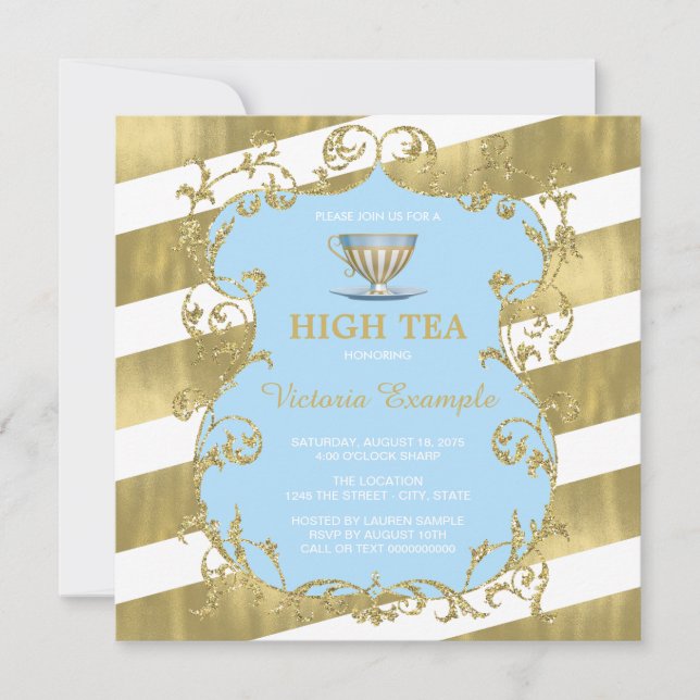 Elegant Blue and Gold High Tea Invitation (Front)