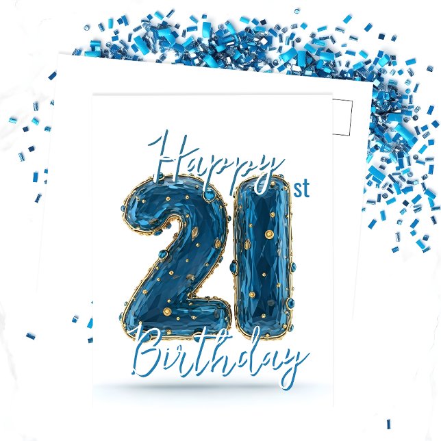 Elegant Blue and Gold Jewel-Toned 21st Birthday Postcard (Creator Uploaded)